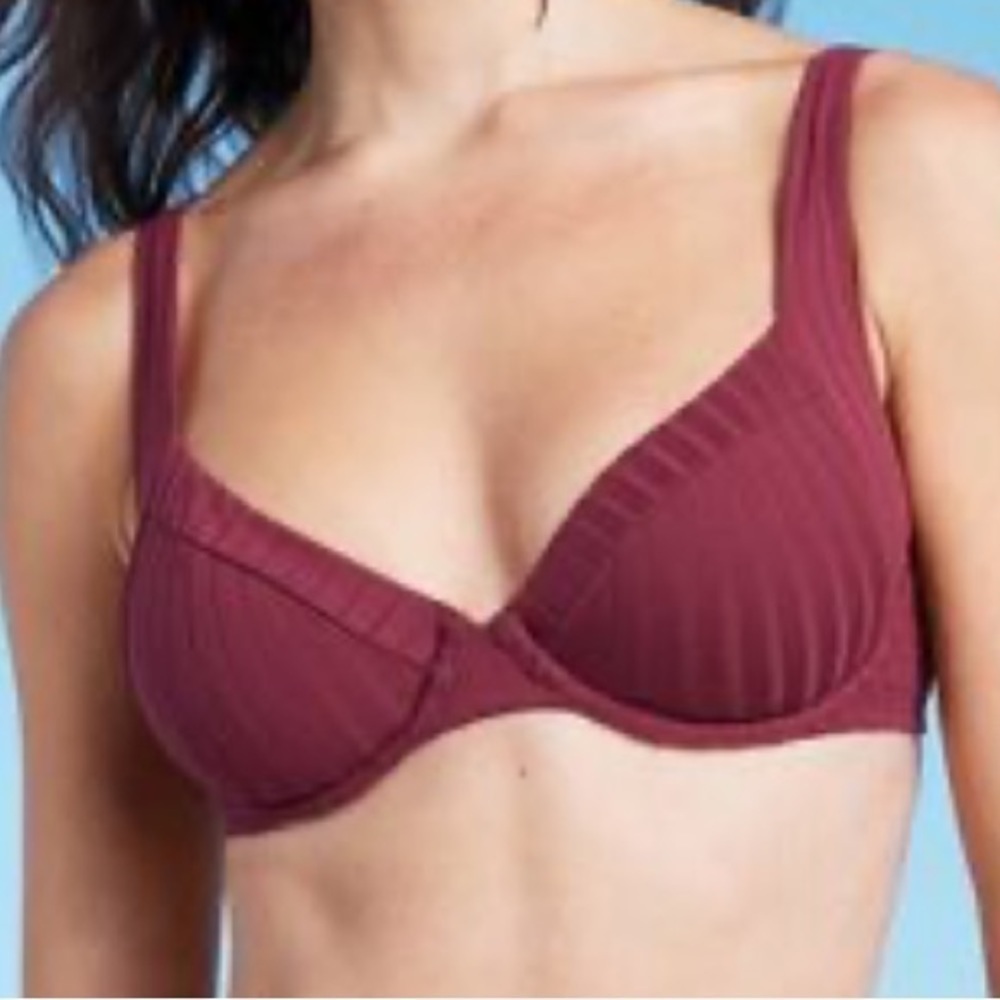 Shade & Shore Unlined Ribbed Bikini Top in Dark Red